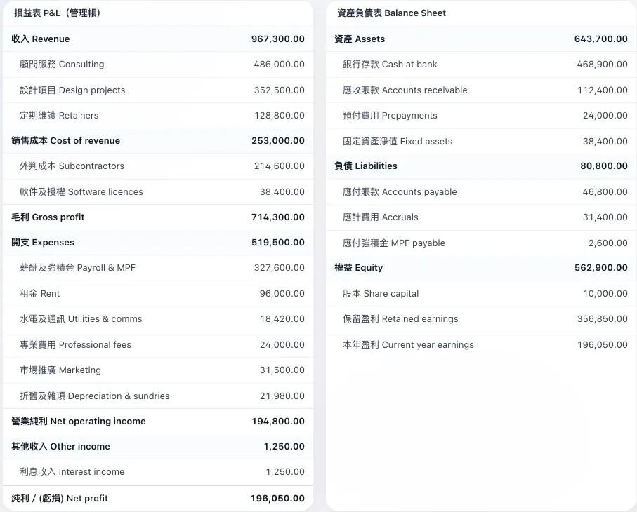 MEGIVO ONE 報表示範畫面:損益表(虛構資料)。