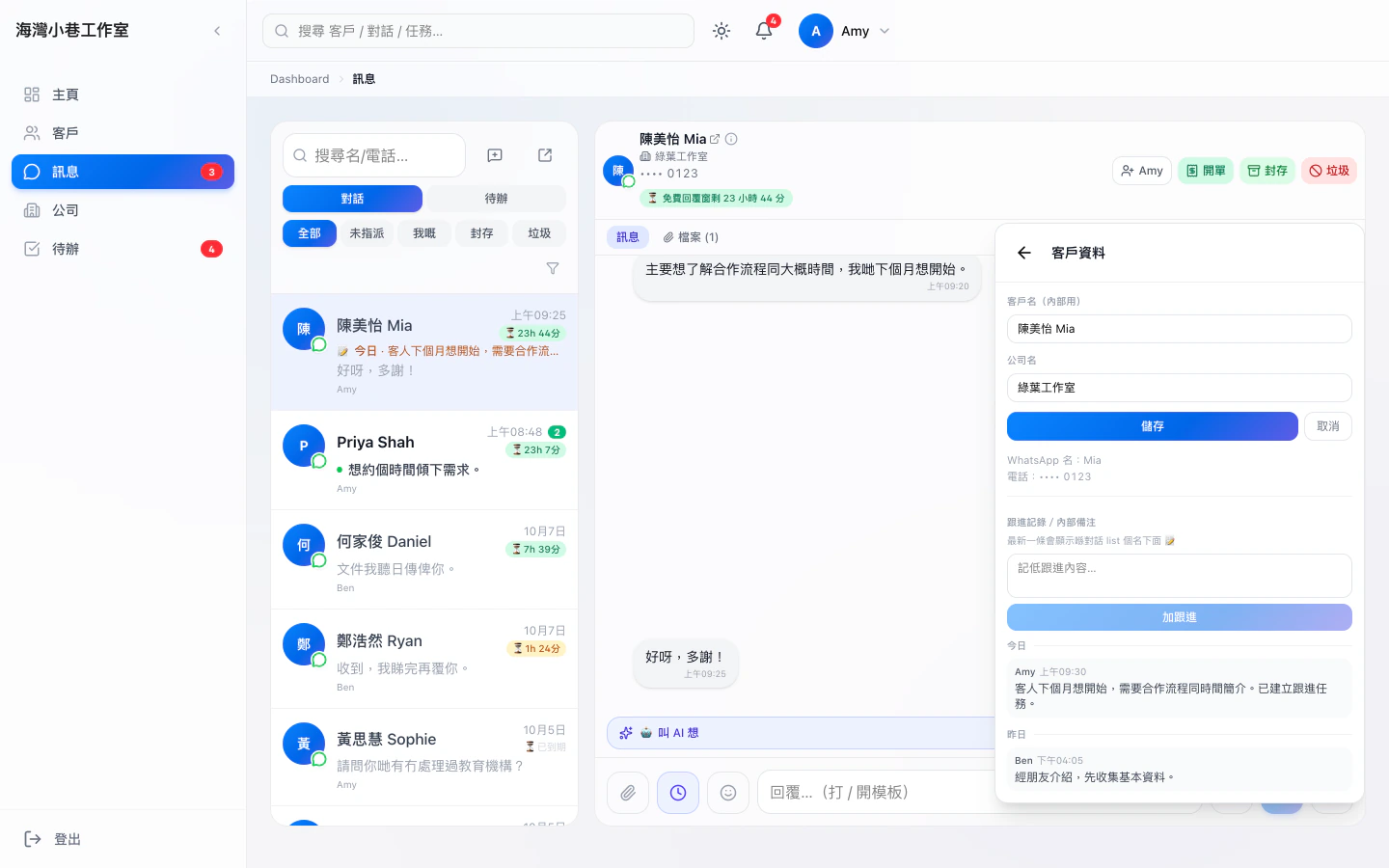 MEGIVO ONE 示範畫面：WhatsApp 對話旁邊顯示客人資料。