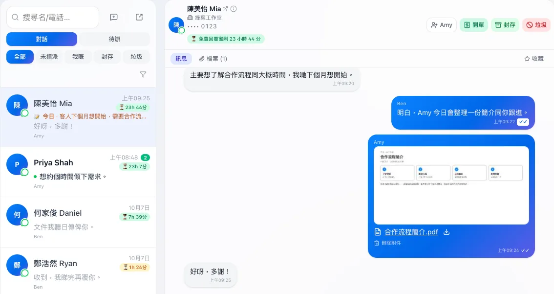 MEGIVO ONE WhatsApp 收件箱示範畫面:對話列表同客人對話並排。