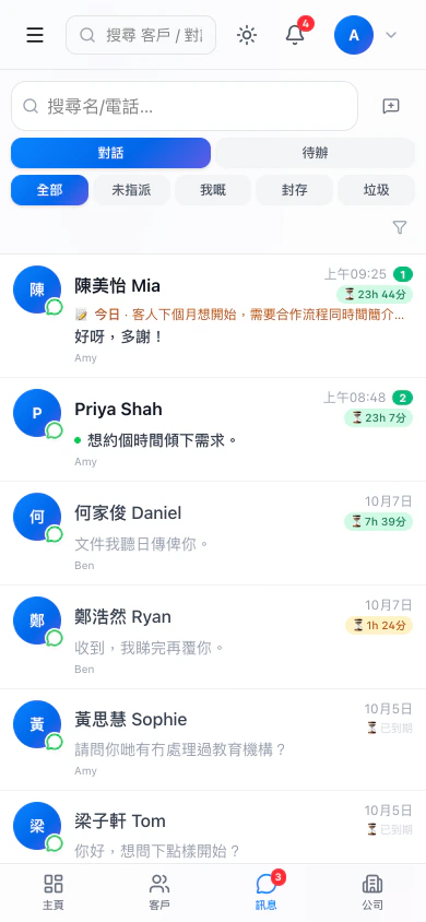 MEGIVO ONE WhatsApp 收件箱示範畫面（手機版）：對話列表，顯示待回覆同負責同事。